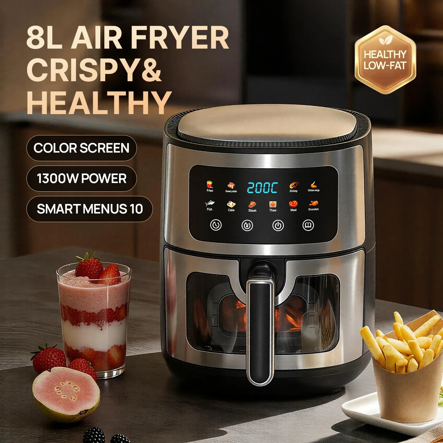 8L Stainless Steel Air Fryer with Clear Viewing Window 8 One-Touch Smart Presets Oil-Free Crispy Cooker Non-Stick Basket Whisper
