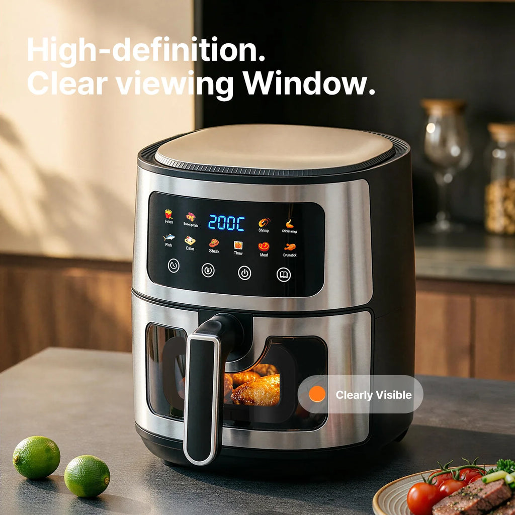 8L Stainless Steel Air Fryer with Clear Viewing Window 8 One-Touch Smart Presets Oil-Free Crispy Cooker Non-Stick Basket Whisper